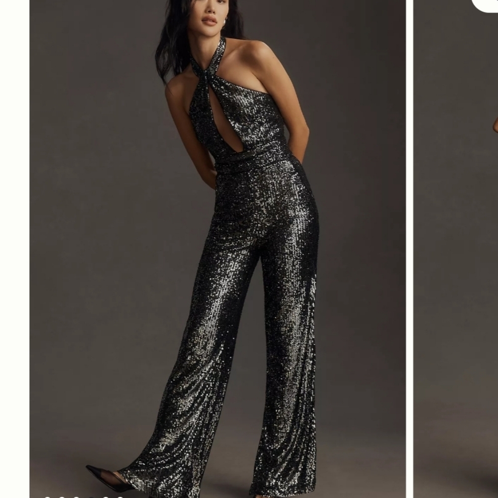 Maeve Black Sequin Halter Jumpsuit